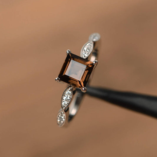1.75 Ct Princess Cut Smoky Quartz 925 Sterling Silver Solitaire W/Accents Anniversary Ring