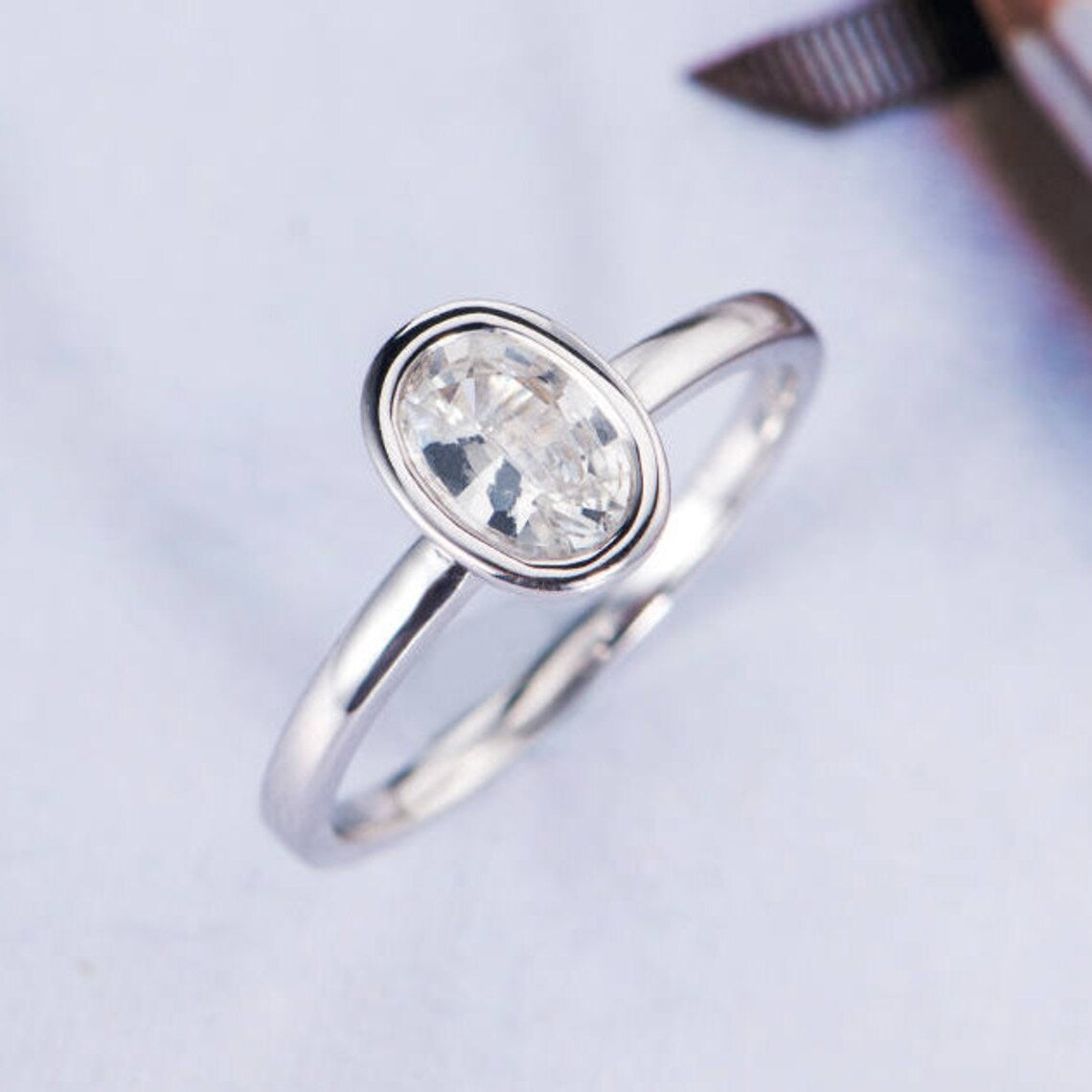 1.25 Ct Oval Cut White Topaz 925 Sterling Silver Bezel Set Solitaire Ring