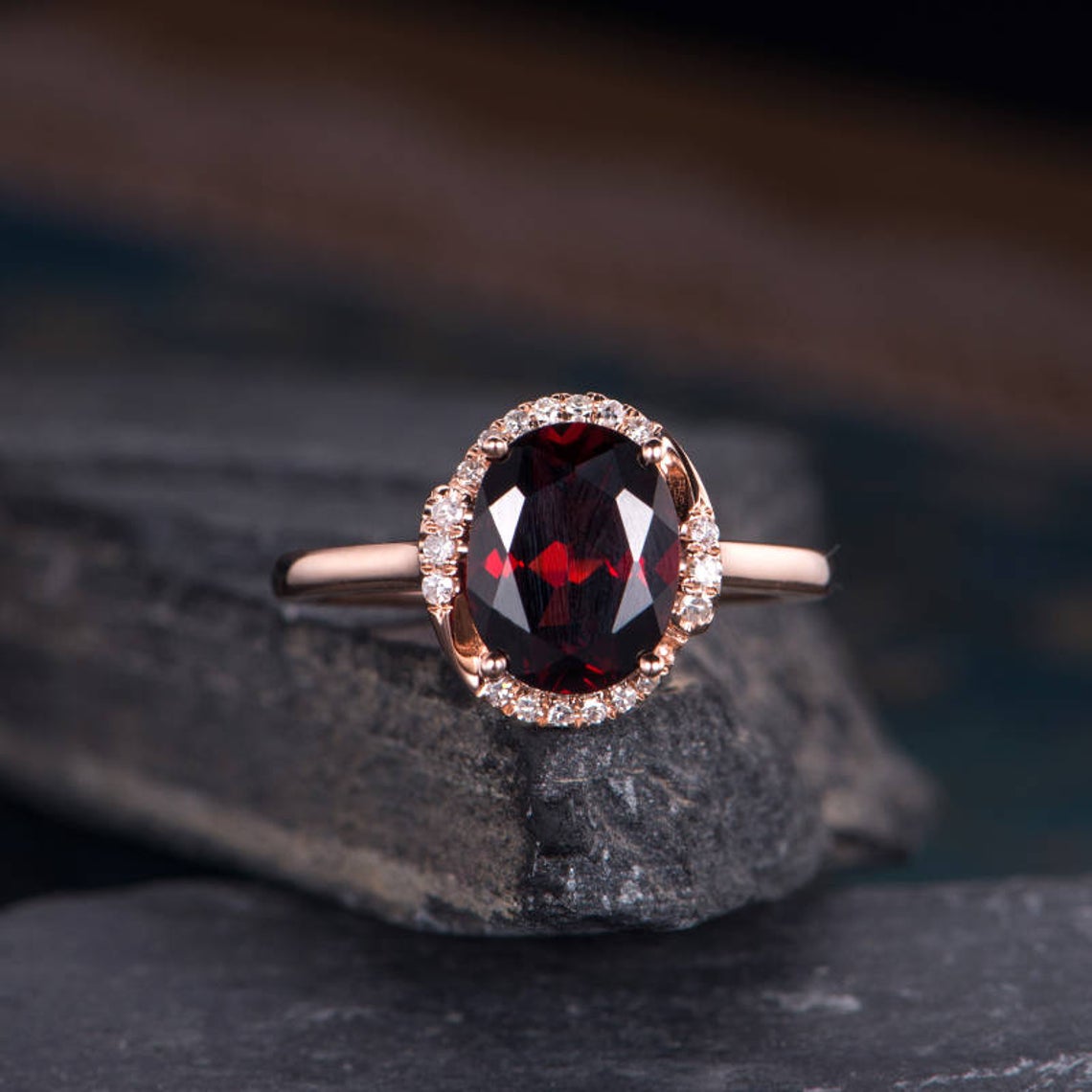 2.10 Ct Oval Cut Red Garnet Rose Gold Over On 925 Sterling Silver Solitaire W/Accents Anniversary Ring