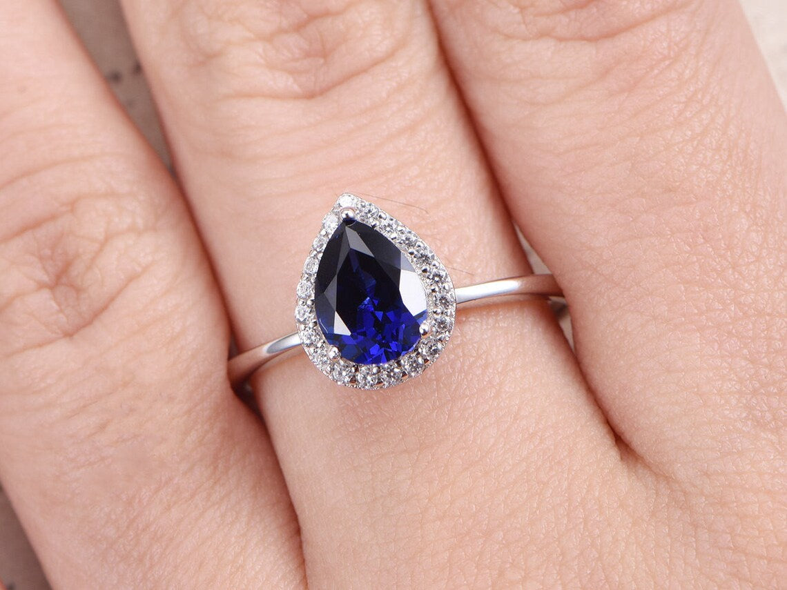 1.50 Ct Pear Cut Blue Sapphire 925 Sterling Silver Halo Anniversary Ring For Her