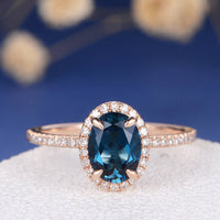 1 CT Oval Cut London Blue Topaz Rose Gold Over On 925 Sterling Silver Halo Women Wedding Ring