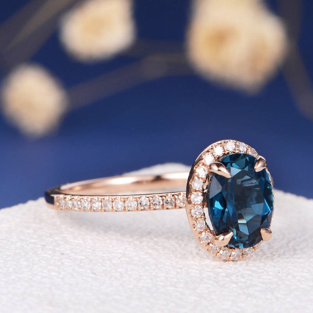 1 CT Oval Cut London Blue Topaz Rose Gold Over On 925 Sterling Silver Halo Women Wedding Ring