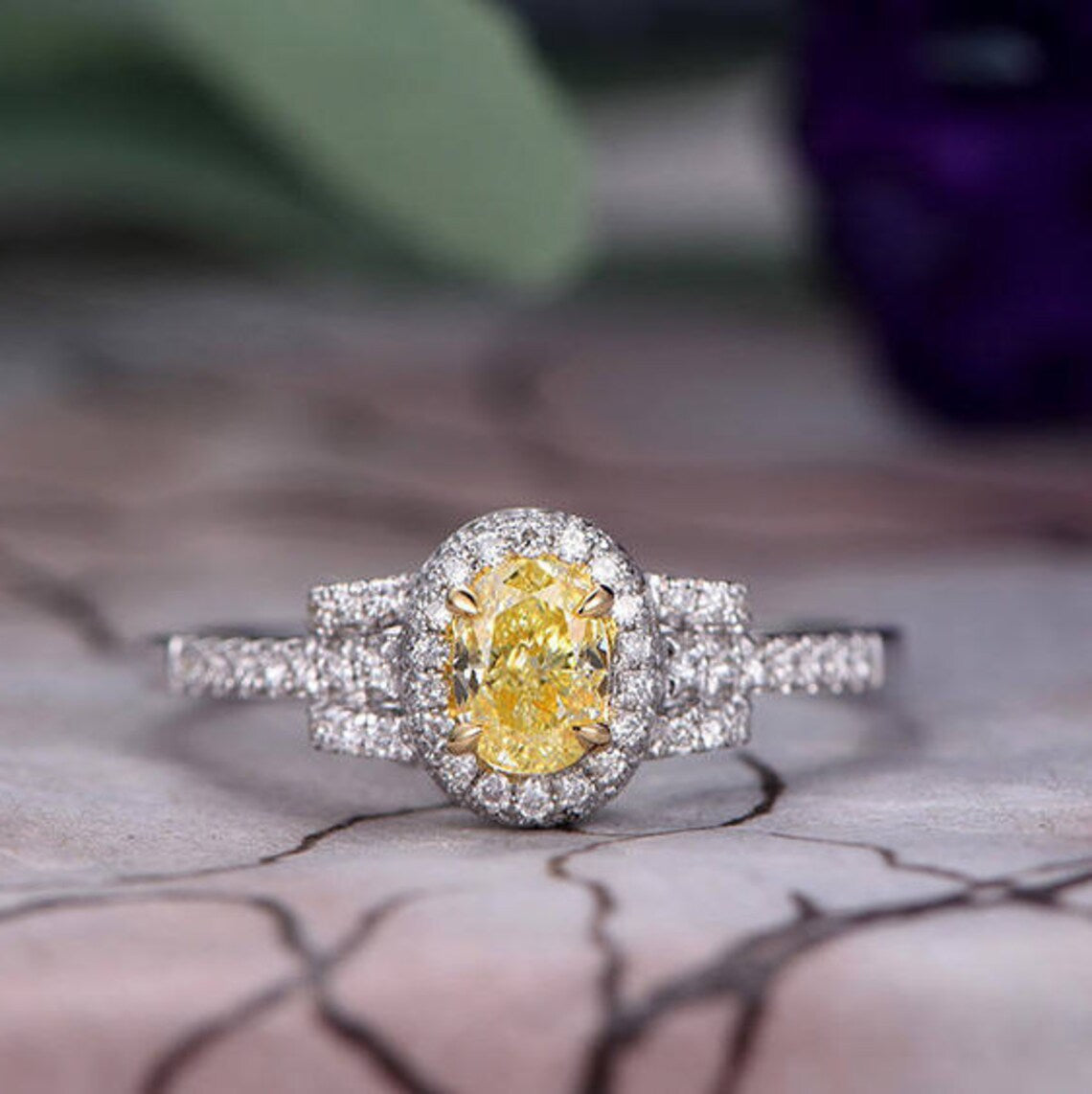 2.75 Ct Oval Cut Yellow Sapphire & Round CZ Art Deco Promise Gift Ring In 925 Sterling Silver