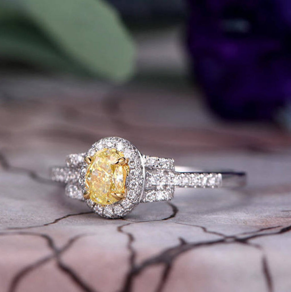 2.75 Ct Oval Cut Yellow Sapphire & Round CZ Art Deco Promise Gift Ring In 925 Sterling Silver