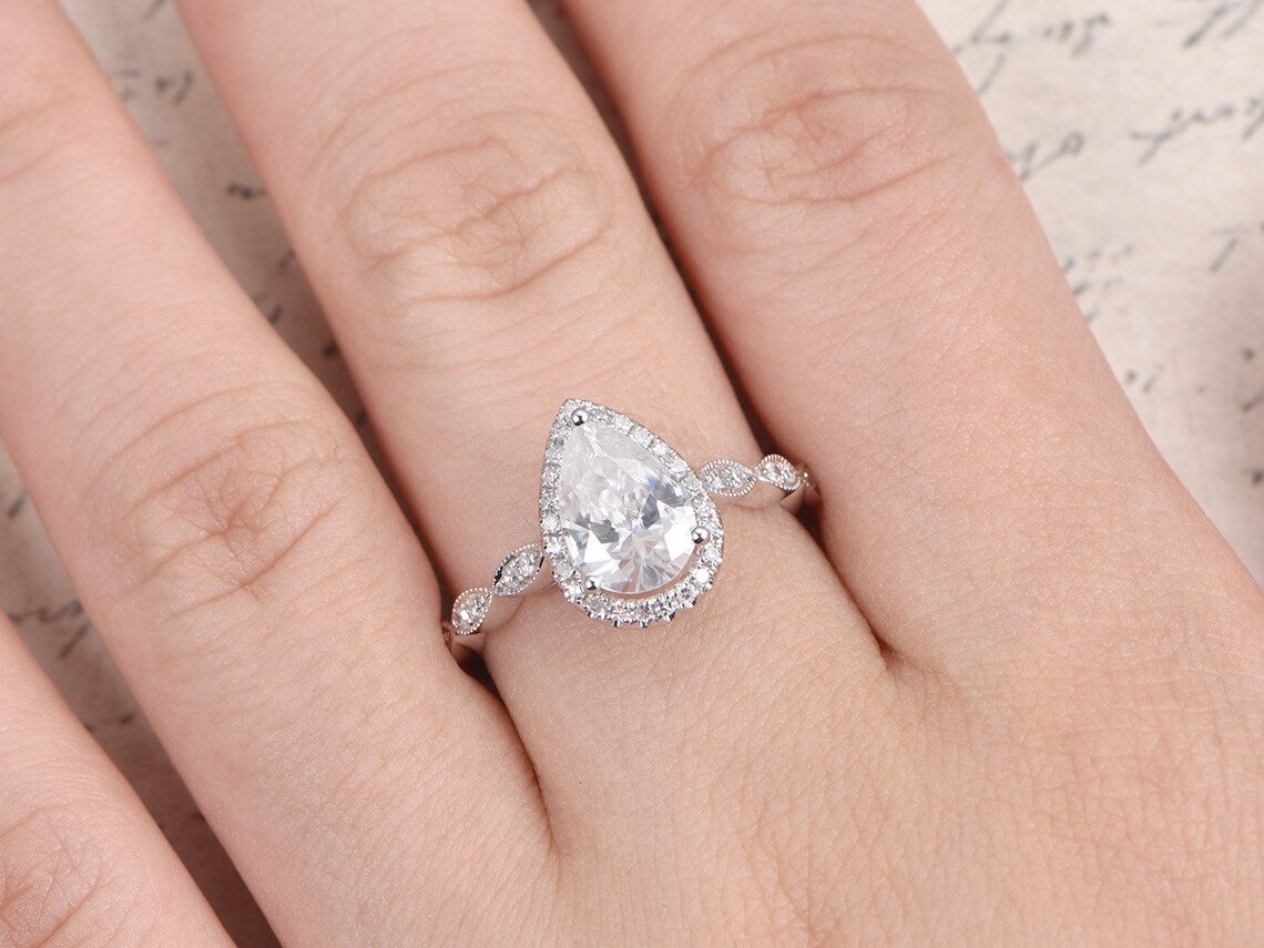 2.25 Ct Pear Cut 925 Sterling Silver Halo Bridal Wedding Ring - atjewels.in