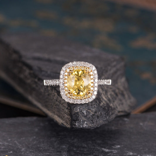 3.50 Ct Cushion Cut Yellow Citrine Two Tone 925 Sterling Silver Double Halo Wedding Ring