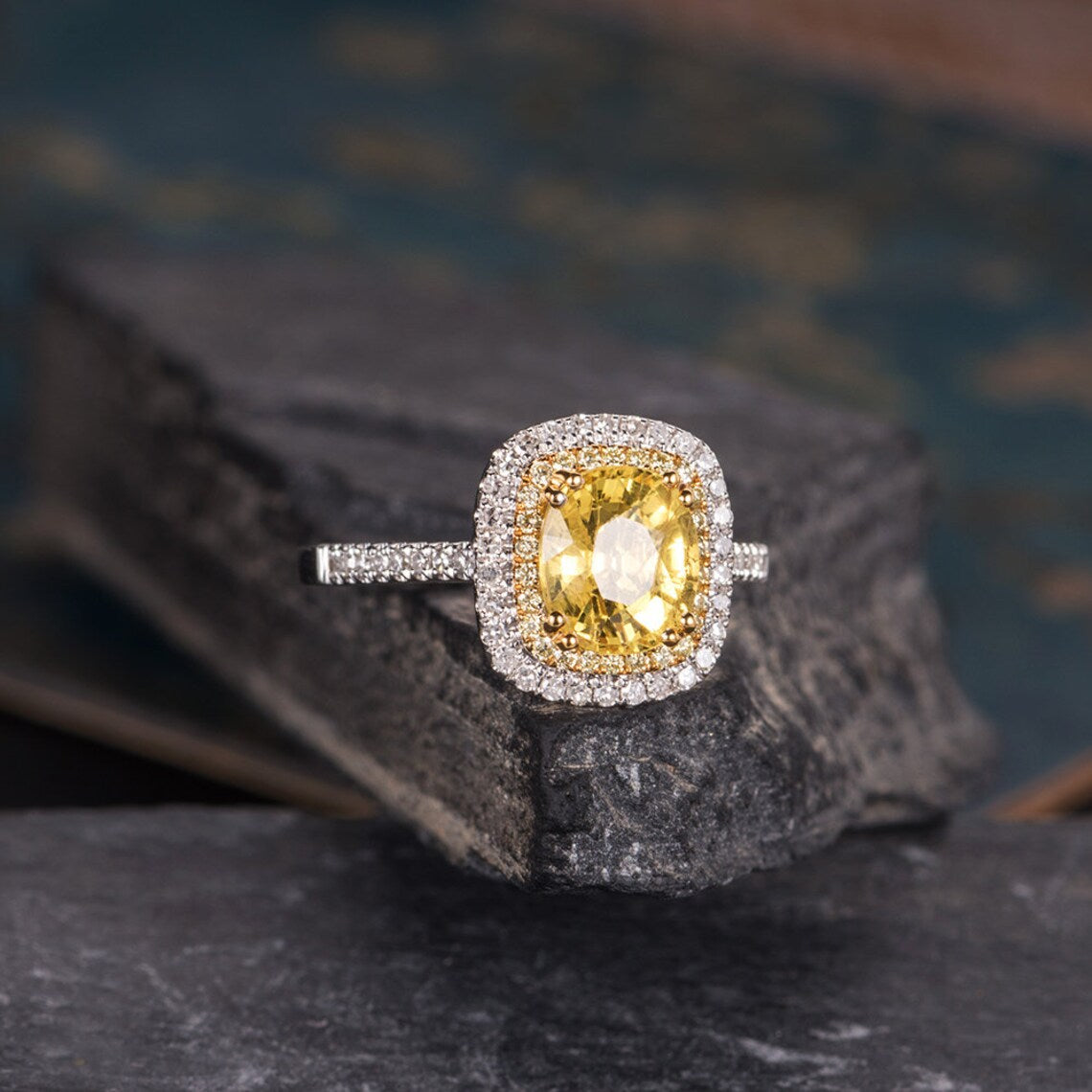 3.50 Ct Cushion Cut Yellow Citrine Two Tone 925 Sterling Silver Double Halo Wedding Ring