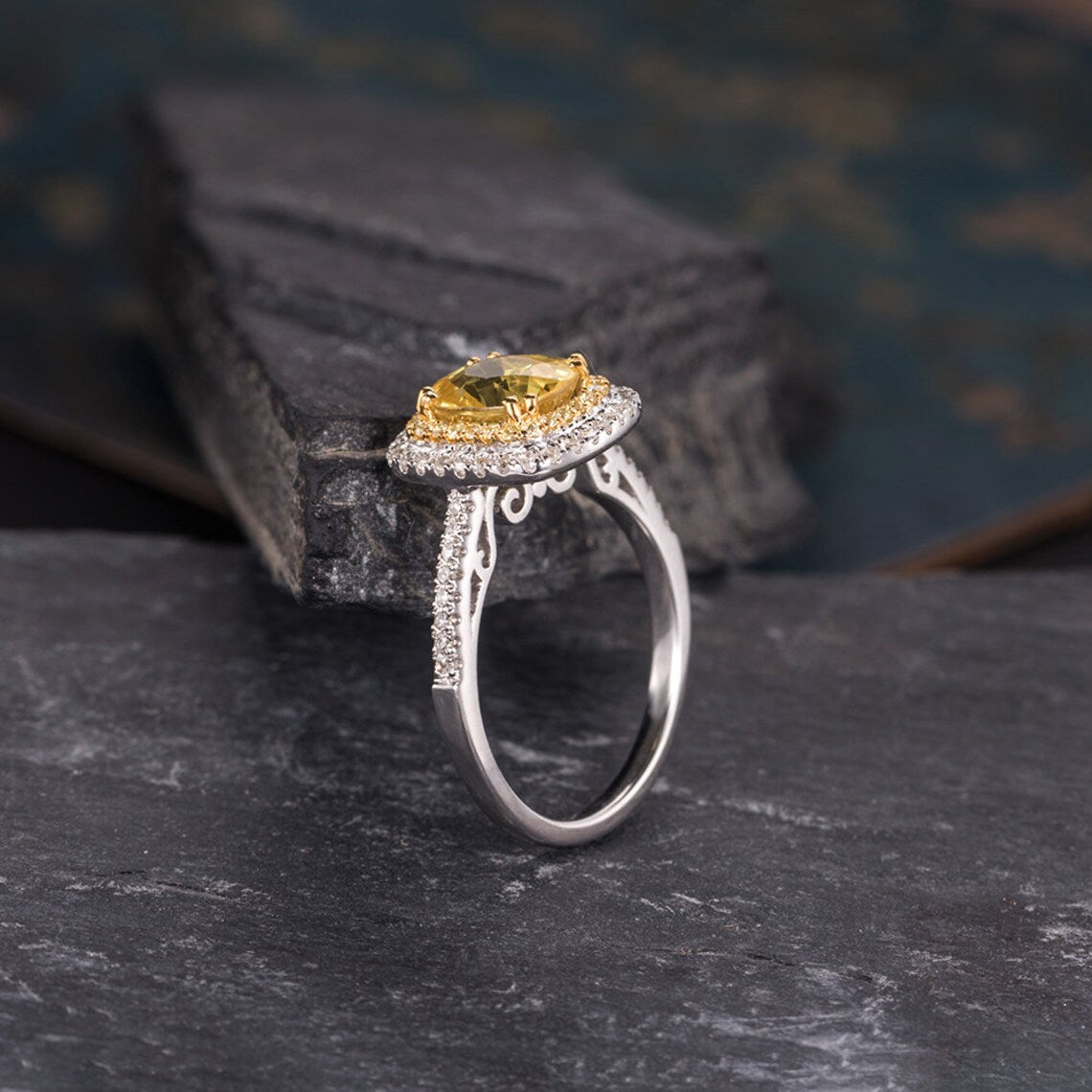 3.50 Ct Cushion Cut Yellow Citrine Two Tone 925 Sterling Silver Double Halo Wedding Ring