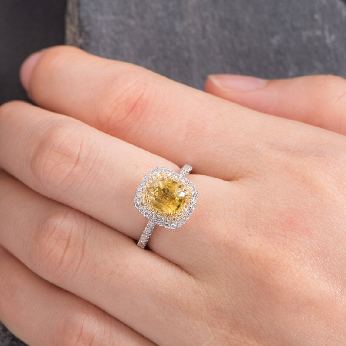 3.50 Ct Cushion Cut Yellow Citrine Two Tone 925 Sterling Silver Double Halo Wedding Ring