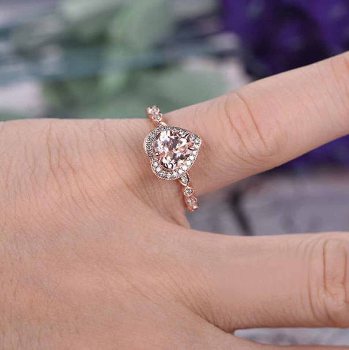 1 CT Heart Cut Morganite Rose Gold Over On 925 Sterling Silver Halo Bezel Set Promise Ring