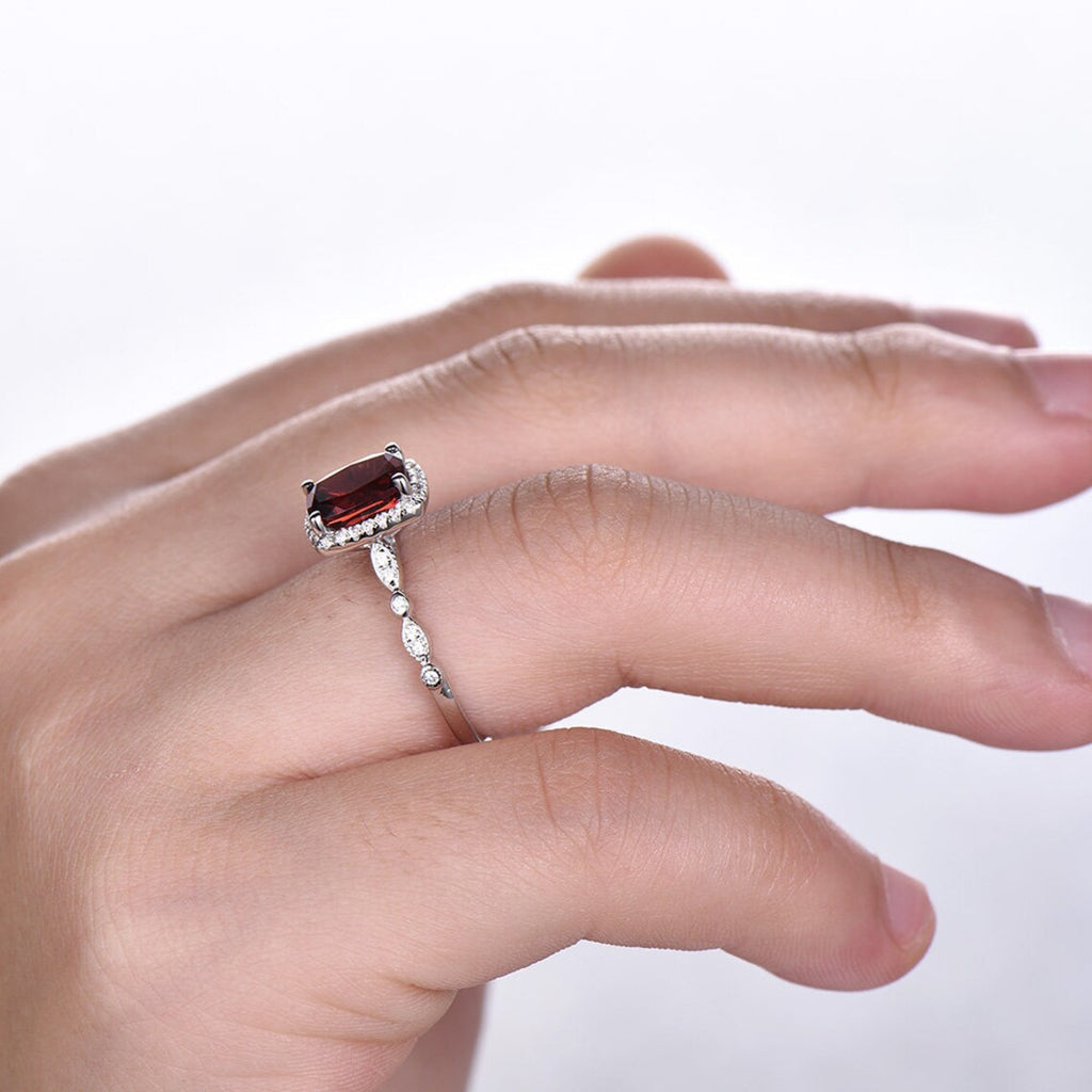 1 CT Cushion Cut Red Garnet White Gold Over On 925 Sterling Silver Halo Wedding Ring