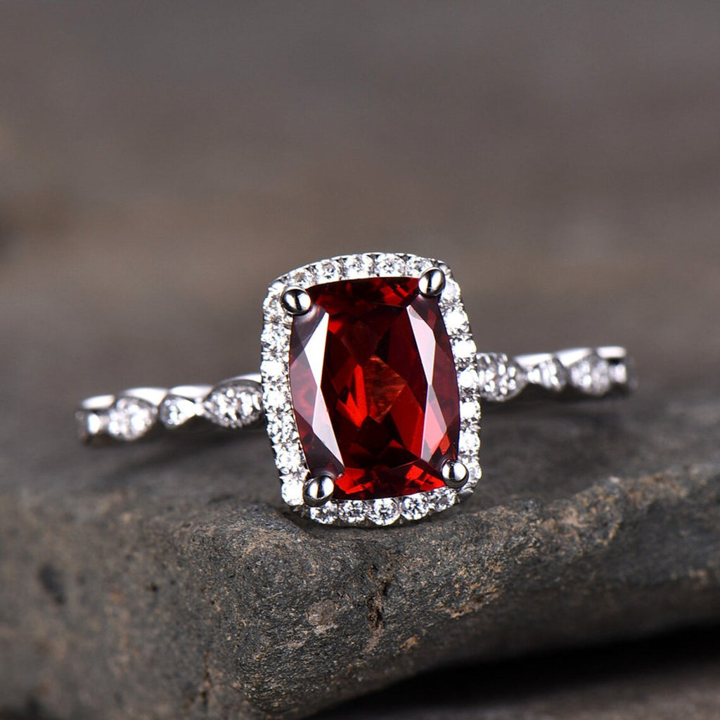 1 CT Cushion Cut Red Garnet White Gold Over On 925 Sterling Silver Halo Wedding Ring