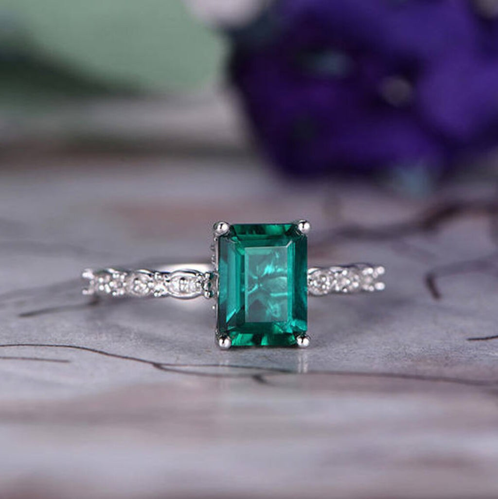 2.50 Ct Emerald Cut Green Emerald Solitaire W/Accents Engagement Ring In 925 Sterling Silver