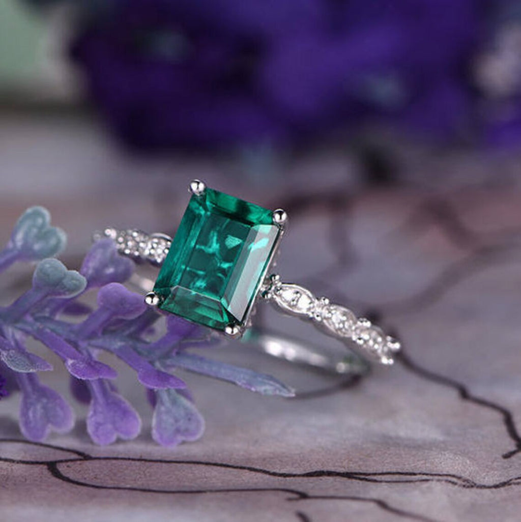 2.50 Ct Emerald Cut Green Emerald Solitaire W/Accents Engagement Ring In 925 Sterling Silver