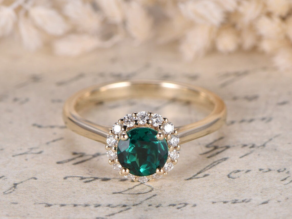 1.20 Ct Round Cut Green Emerald Yellow Gold Over On 925 Sterling Silver Halo Anniversary Ring