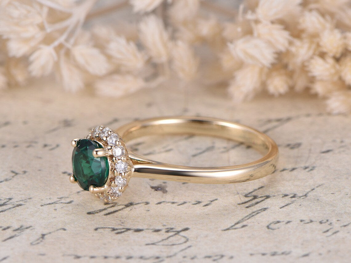 1.20 Ct Round Cut Green Emerald Yellow Gold Over On 925 Sterling Silver Halo Anniversary Ring