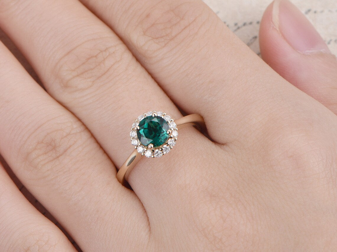 1.20 Ct Round Cut Green Emerald Yellow Gold Over On 925 Sterling Silver Halo Anniversary Ring