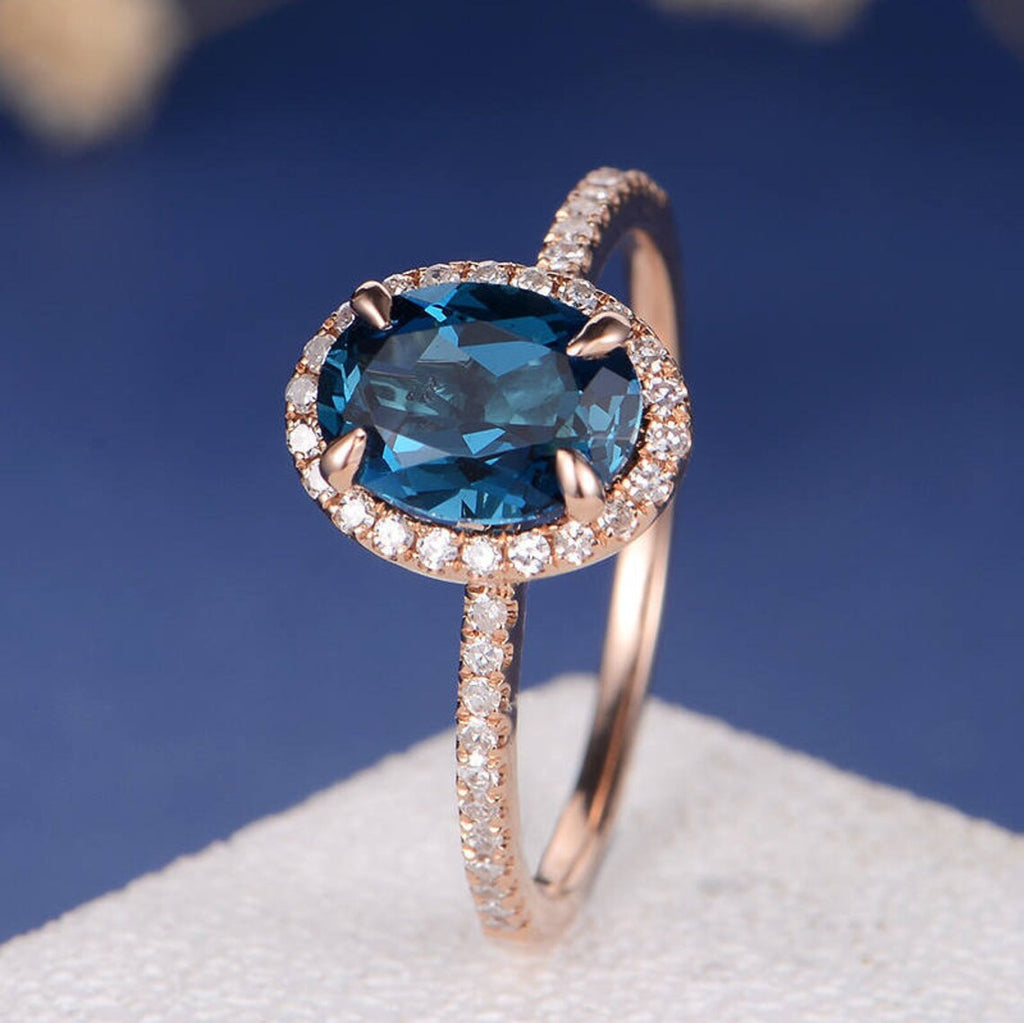 1 CT Oval Cut London Blue Topaz Rose Gold Over On 925 Sterling Silver Halo Women Wedding Ring