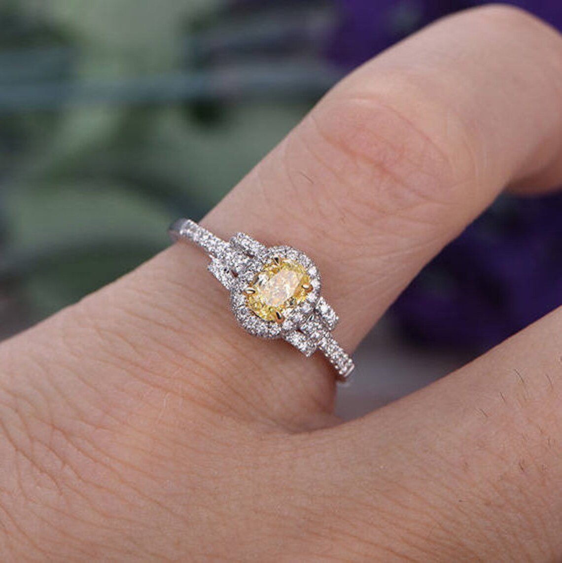 2.75 Ct Oval Cut Yellow Sapphire & Round CZ Art Deco Promise Gift Ring In 925 Sterling Silver