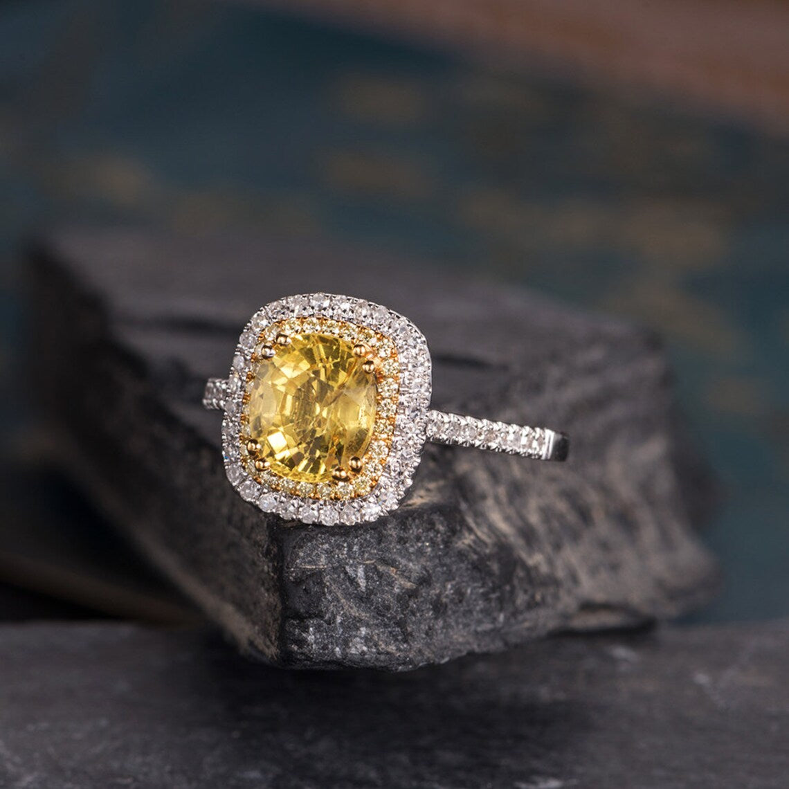 3.50 Ct Cushion Cut Yellow Citrine Two Tone 925 Sterling Silver Double Halo Wedding Ring