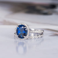 2.75 Ct Oval Cut Blue Sapphire 925 Sterling Silver Halo & Half Eternity Band Bridal Ring Set