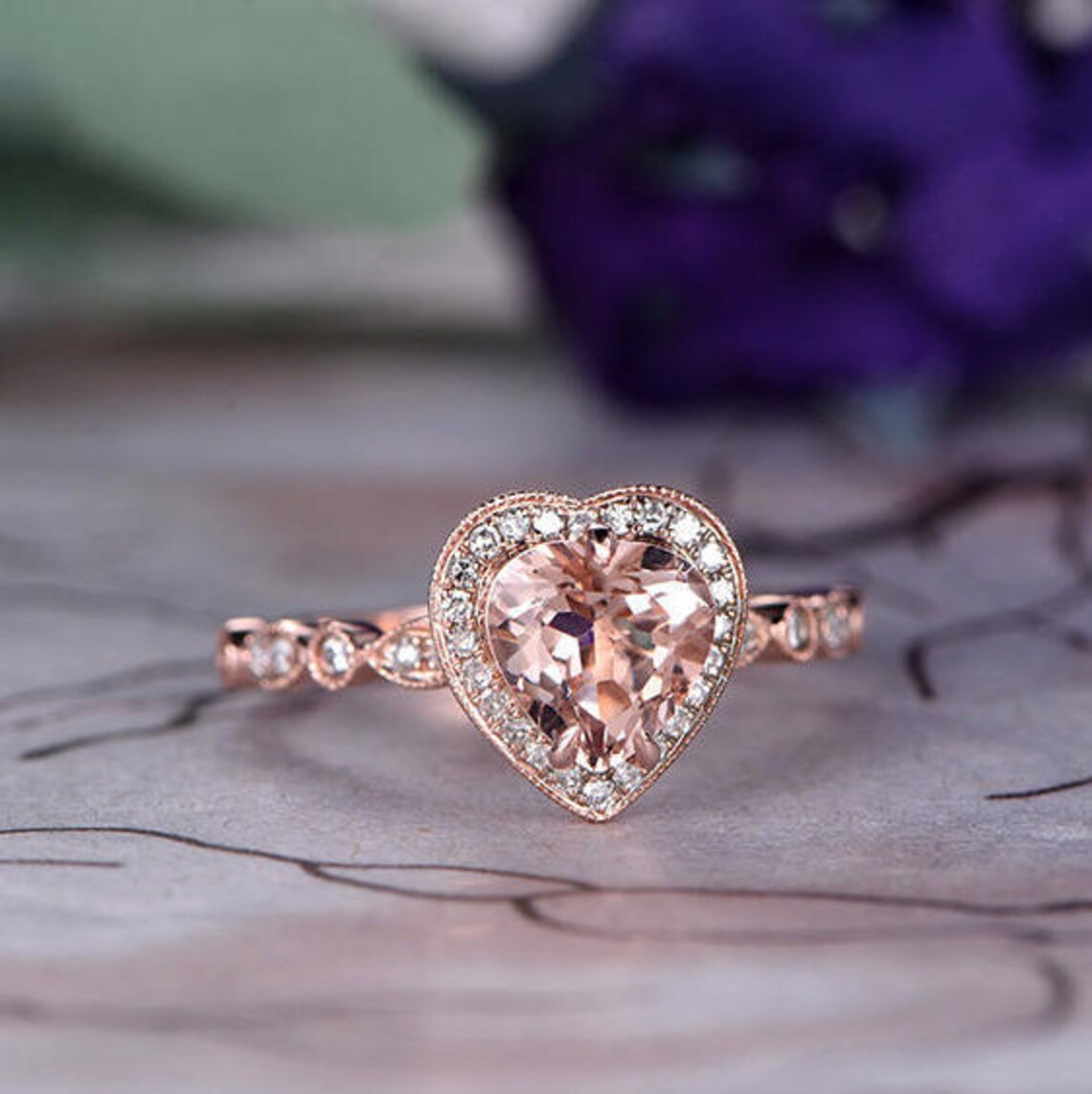 1 CT Heart Cut Morganite Rose Gold Over On 925 Sterling Silver Halo Bezel Set Promise Ring