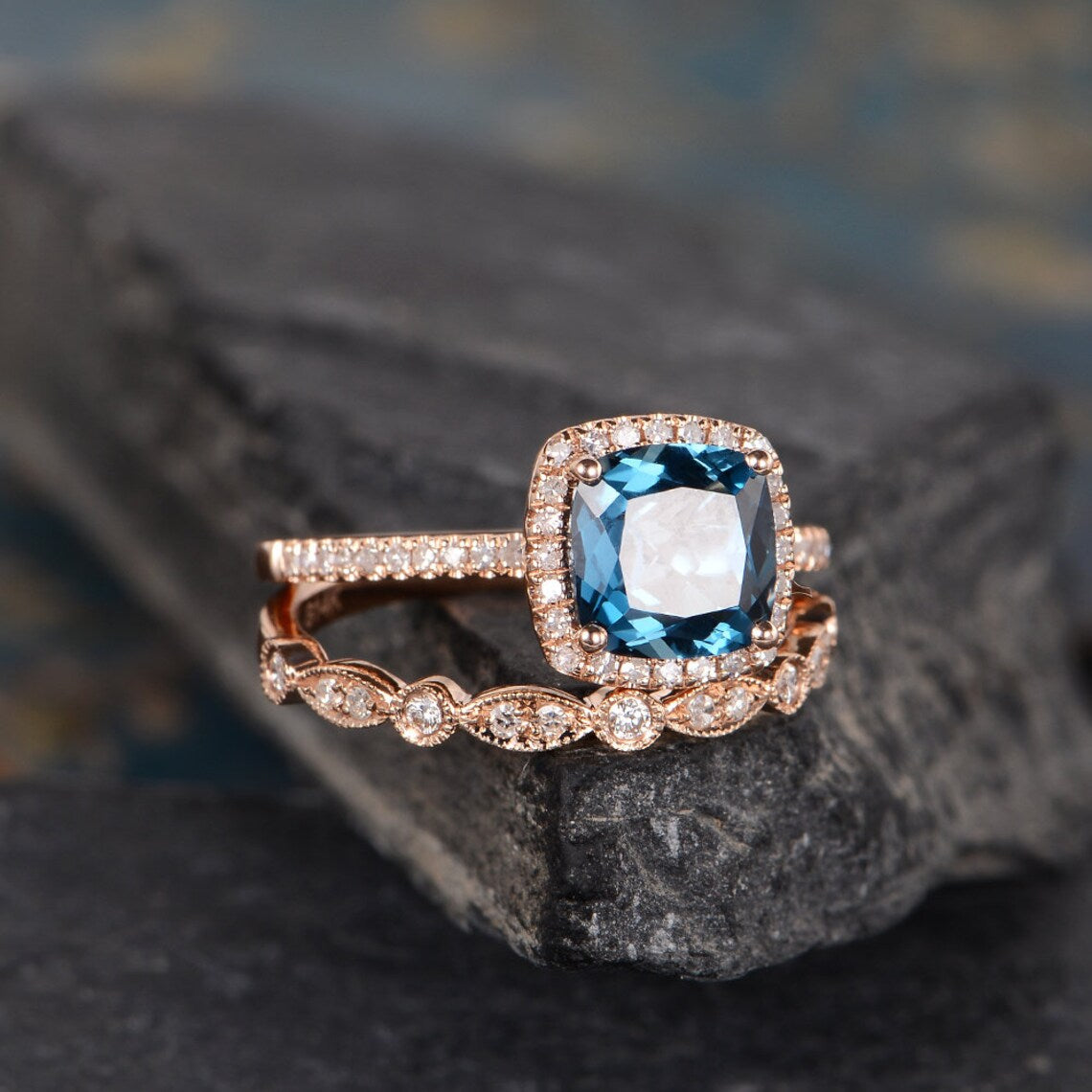 1 CT Cushion Cut London Blue Topaz Rose Gold Over On 925 Sterling Silver Halo Engagement Ring Set