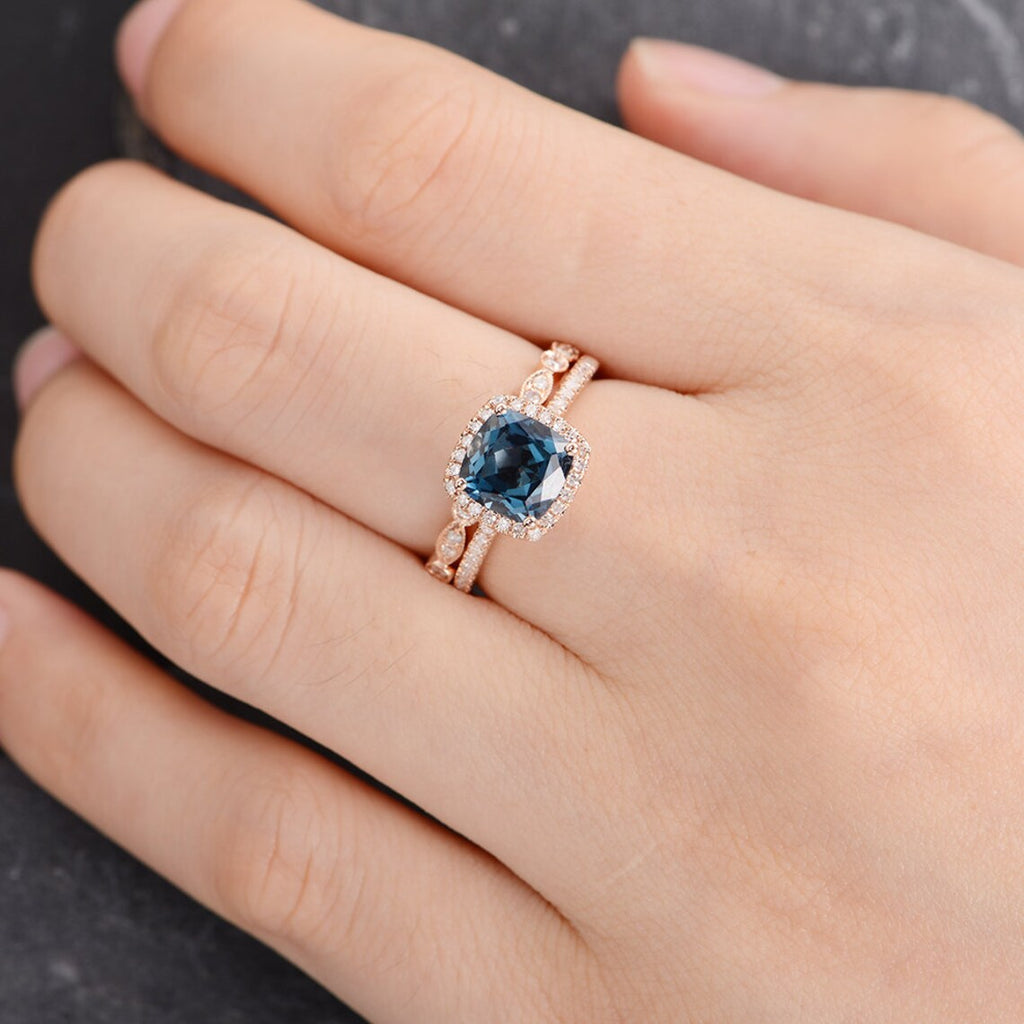 1 CT Cushion Cut London Blue Topaz Rose Gold Over On 925 Sterling Silver Halo Engagement Ring Set