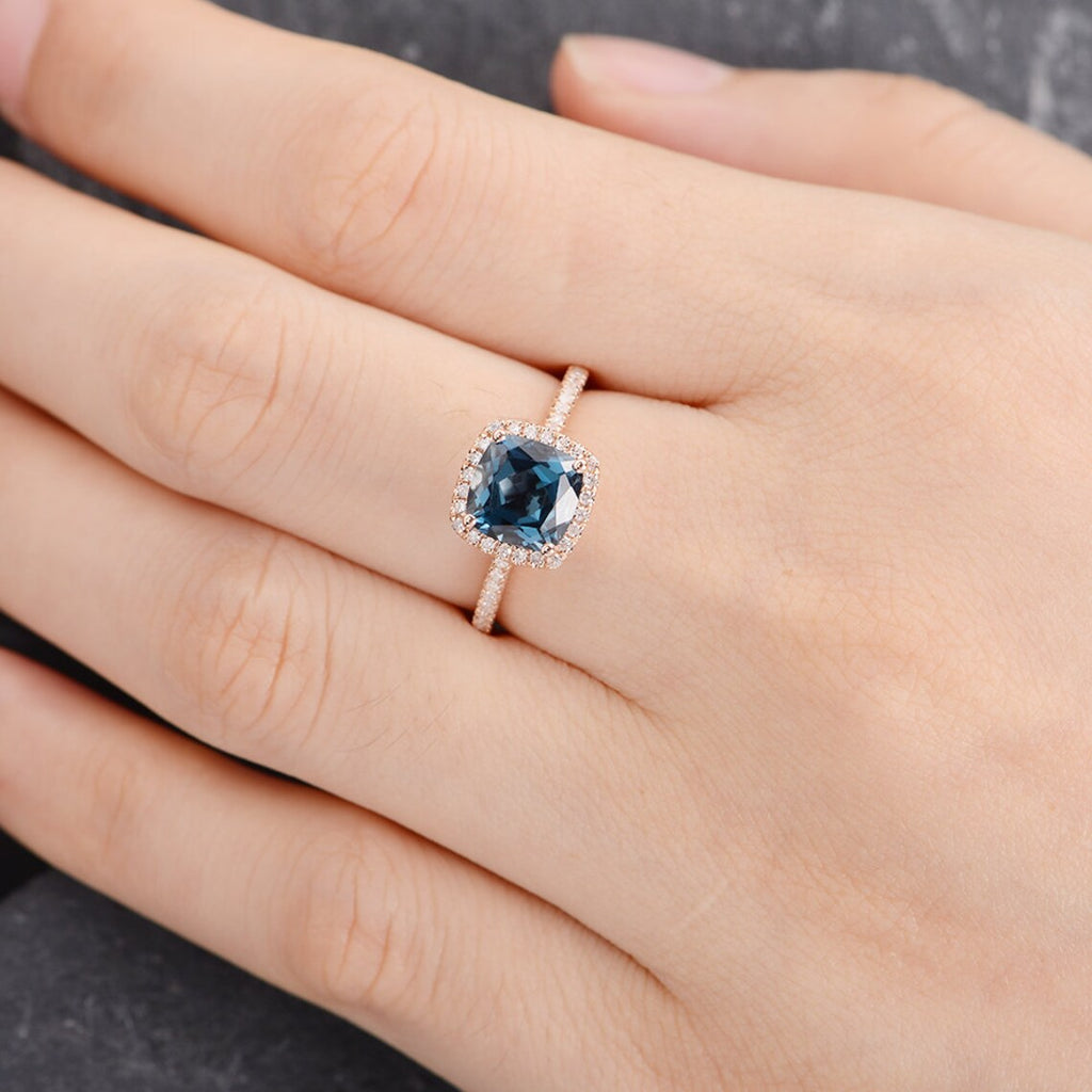 2.20 Ct Cushion Cut London Blue Topaz 925 Sterling Silver Halo Engagement Ring