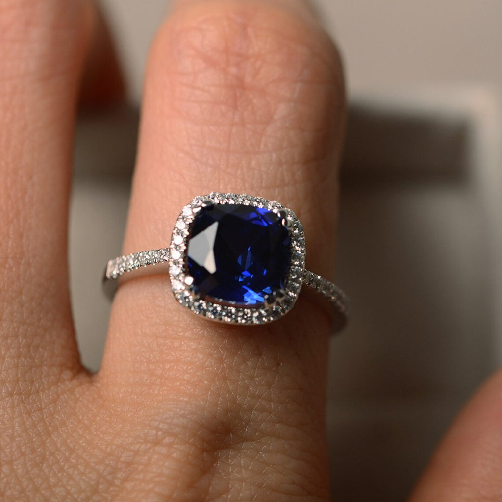 2.25 Ct Cushion Cut Blue Sapphire 925 Sterling Silver Halo Engagement Ring