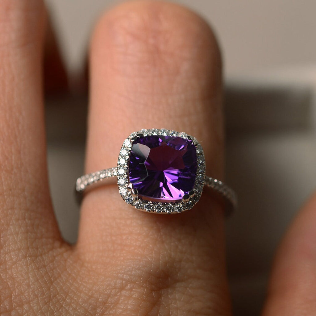 2.50 Ct Cushion Cut Purple Amethyst 925 Sterling Silver Halo Engagement Ring