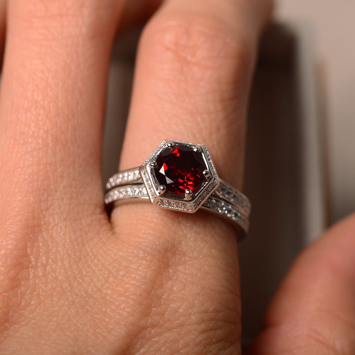 2.50 Ct Round Cut Red Garnet 925 Sterling Silver Halo Engagement Ring Set