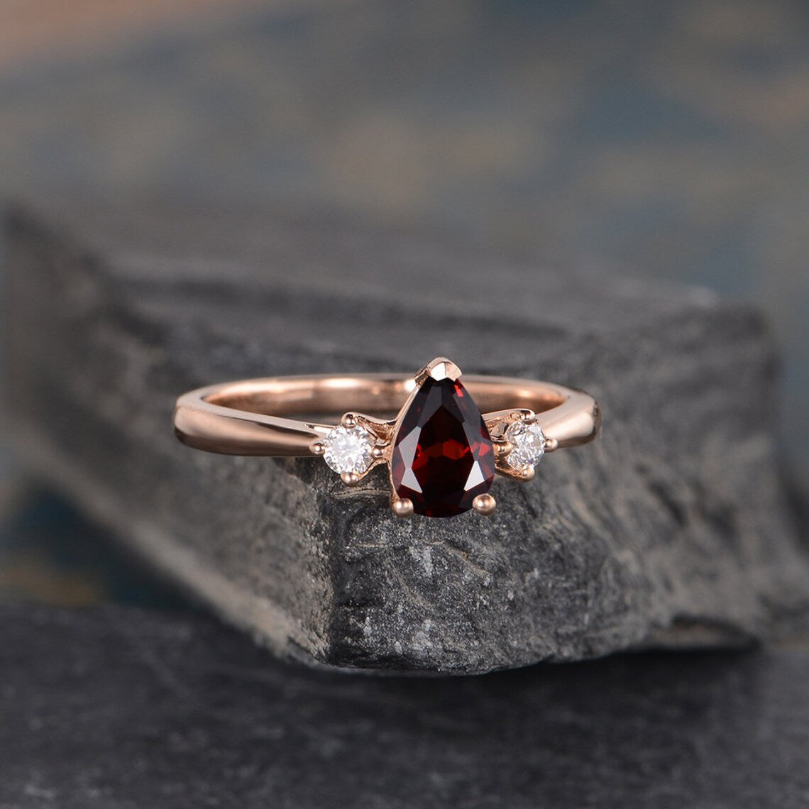 2.00 Ct Pear Cut Red Garnet Rose Gold Over On 925 Sterling Silver Three-Stone Promise Ring