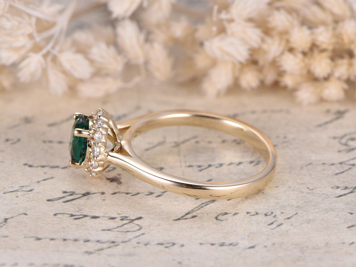 1.20 Ct Round Cut Green Emerald Yellow Gold Over On 925 Sterling Silver Halo Anniversary Ring