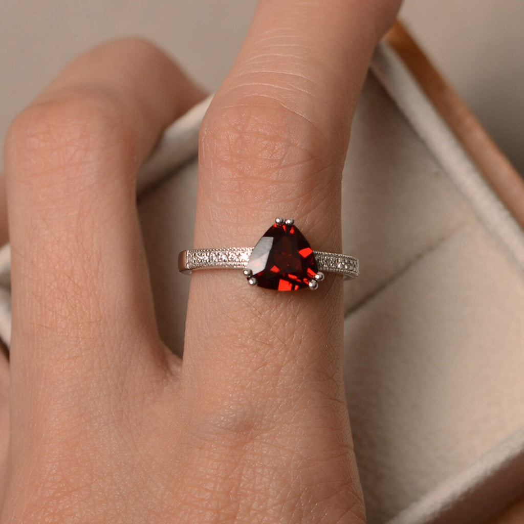 2.20 Ct Trillion Cut Red Garnet Solitaire W/Accents Anniversary Ring In 925 Sterling Silver