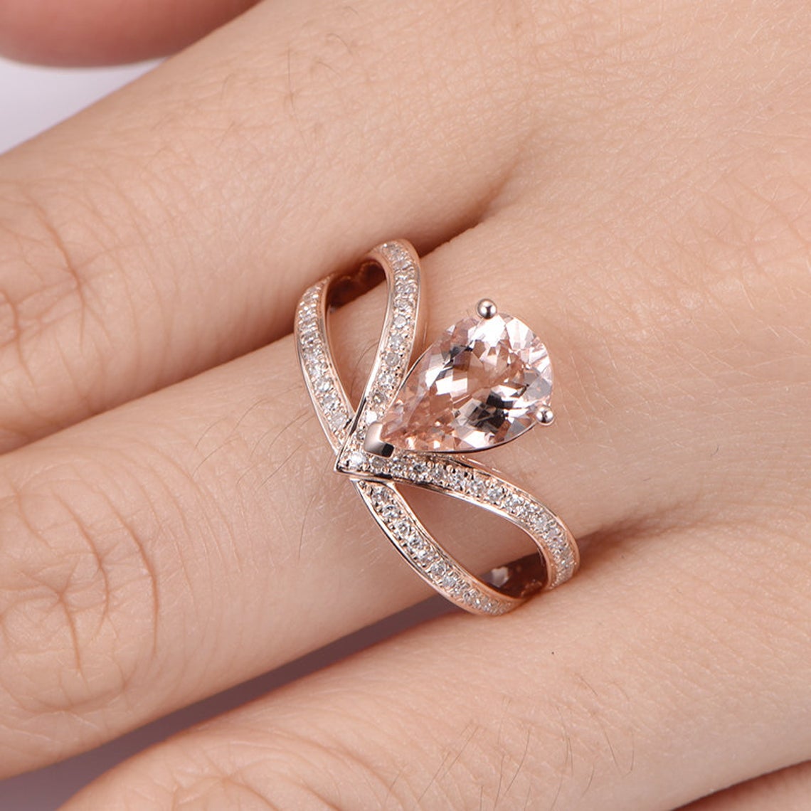 2.10 Ct Pear Cut Peach Morganite 925 Sterling Silver Half Eternity Curved Engagement Ring
