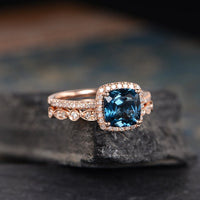 1 CT Cushion Cut London Blue Topaz Rose Gold Over On 925 Sterling Silver Halo Engagement Ring Set