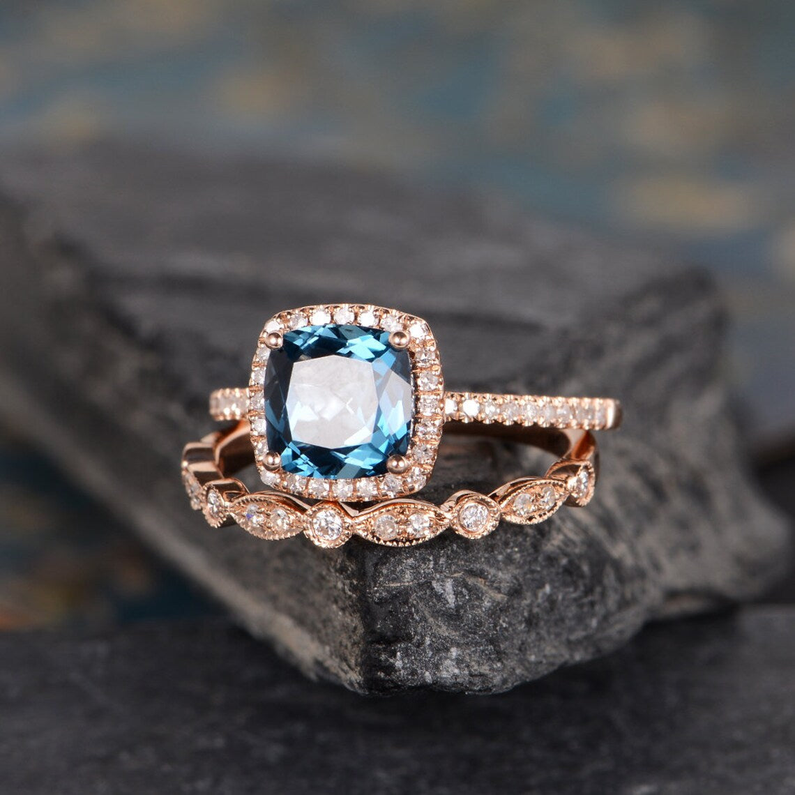 1 CT Cushion Cut London Blue Topaz Rose Gold Over On 925 Sterling Silver Halo Engagement Ring Set