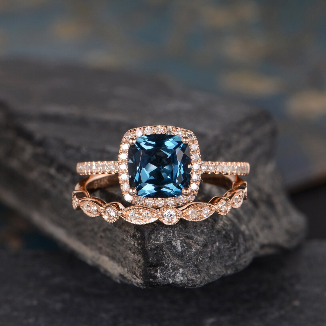 1 CT Cushion Cut London Blue Topaz Rose Gold Over On 925 Sterling Silver Halo Engagement Ring Set