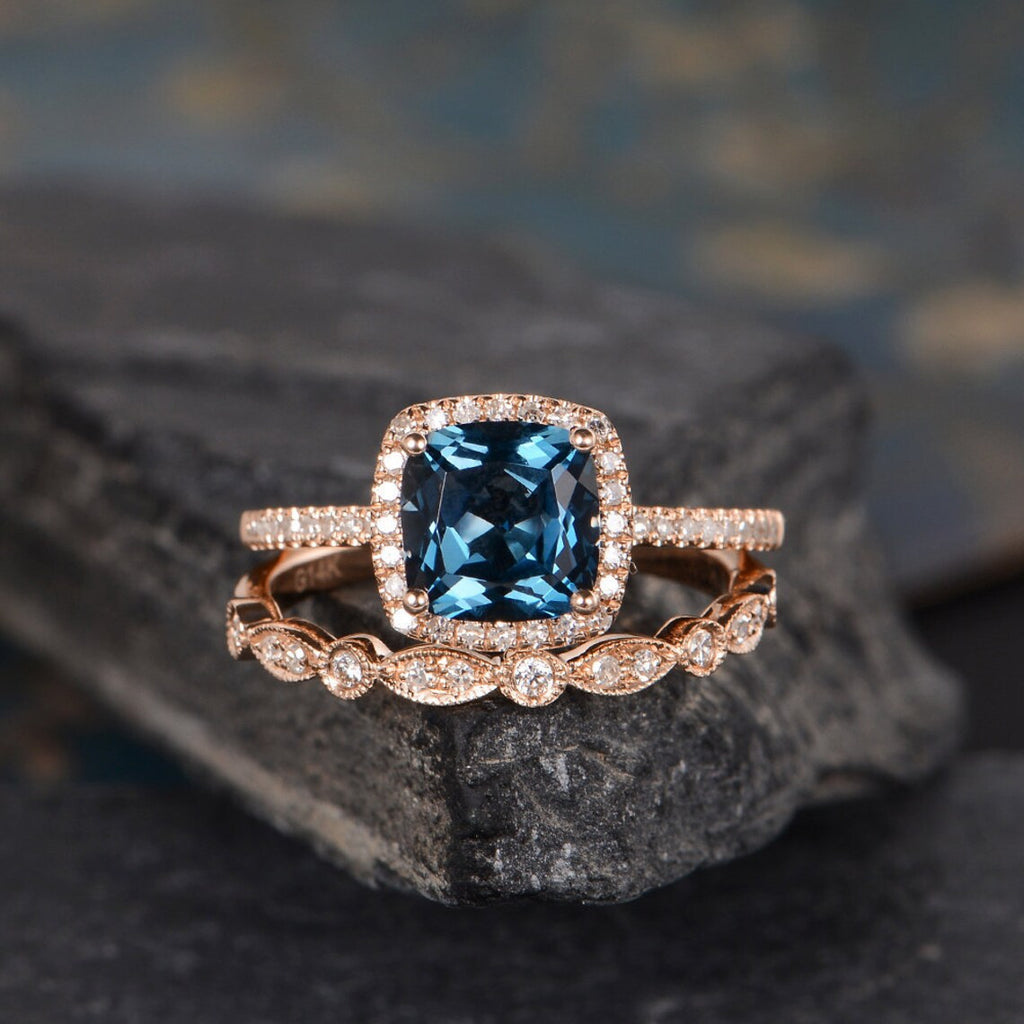 CT Cushion Cut London Blue Topaz Rose Gold Over On 925 Sterling Silver Halo Engagement Ring Set