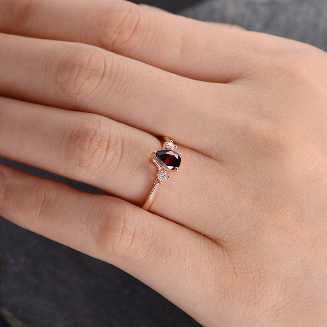 2.00 Ct Pear Cut Red Garnet Rose Gold Over On 925 Sterling Silver Three-Stone Promise Ring