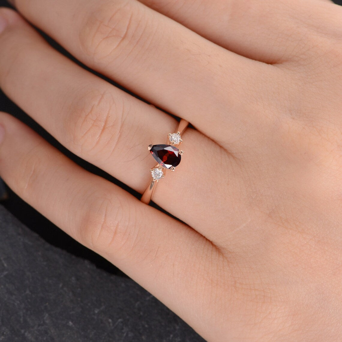 2.00 Ct Pear Cut Red Garnet Rose Gold Over On 925 Sterling Silver Three-Stone Promise Ring