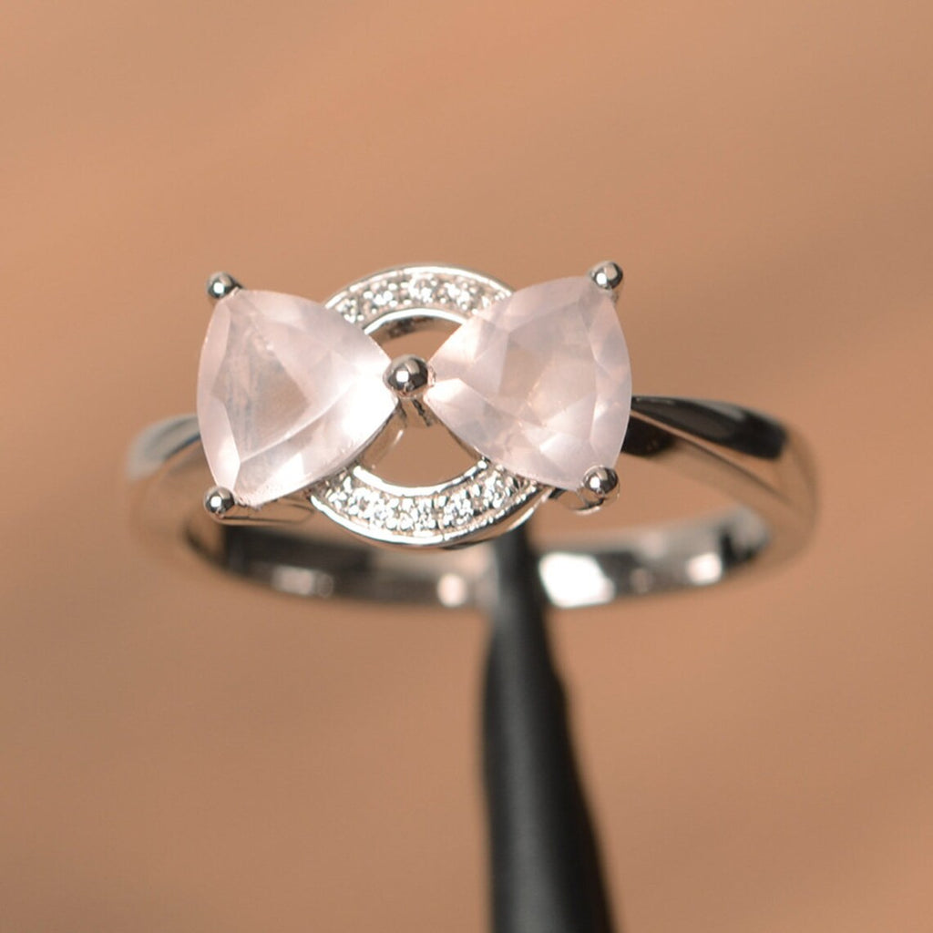 2.10 Ct Trillion Cut Rose Quartz 925 Sterling Silver Bowknot Promise Ring For her