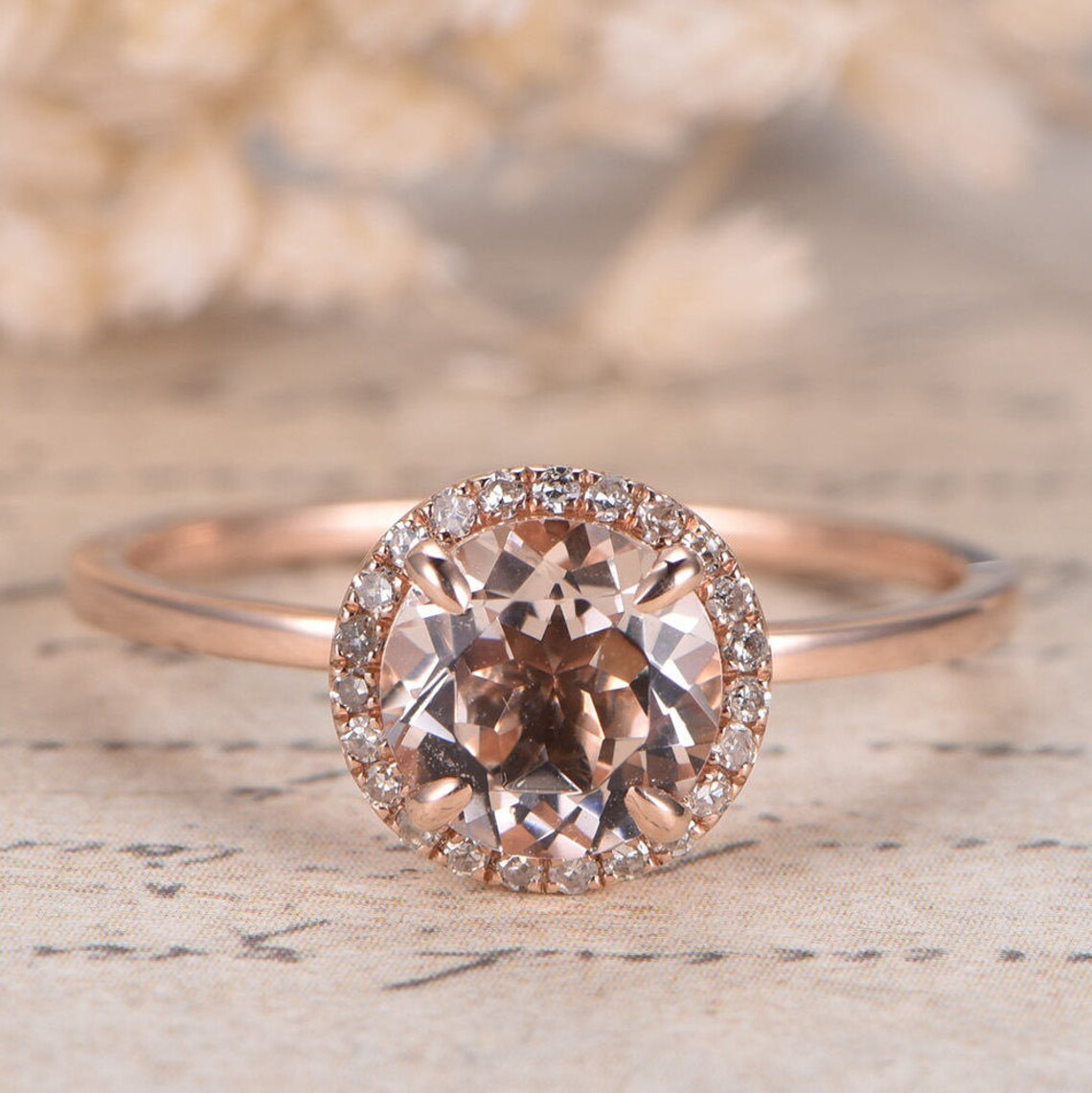 1 CT Round Cut Pink Morganite Rose Gold Over On 925 Sterling Silver Halo Engagement Ring