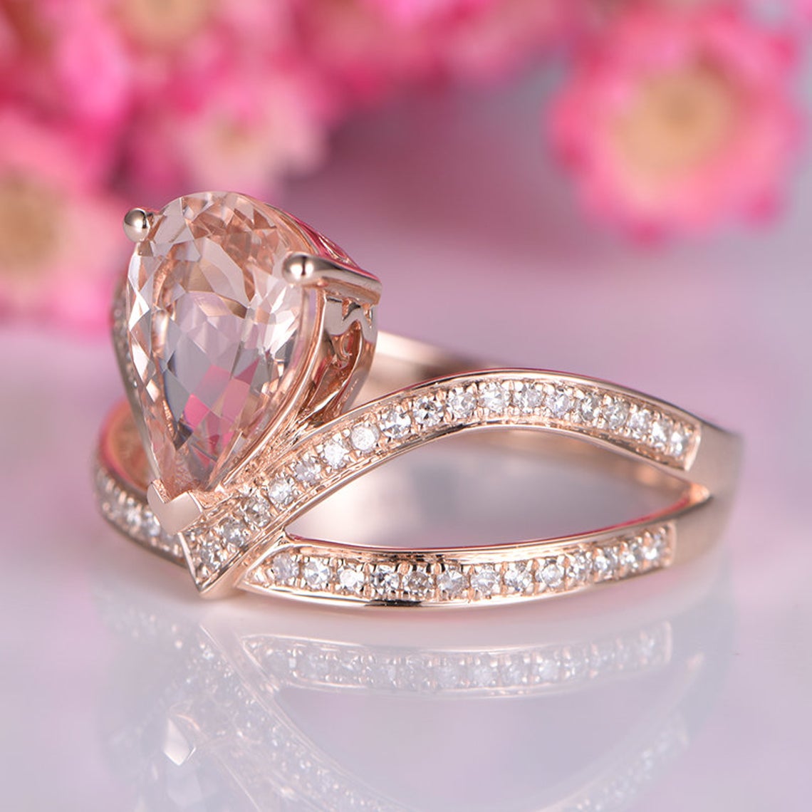 2.10 Ct Pear Cut Peach Morganite 925 Sterling Silver Half Eternity Curved Engagement Ring