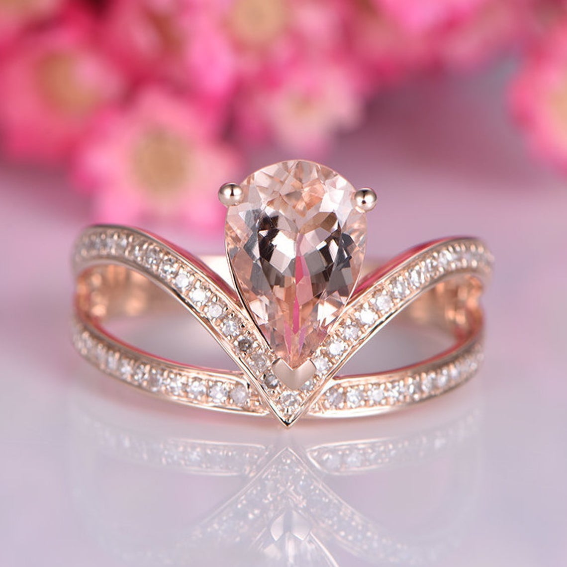 2.10 Ct Pear Cut Peach Morganite 925 Sterling Silver Half Eternity Curved Engagement Ring