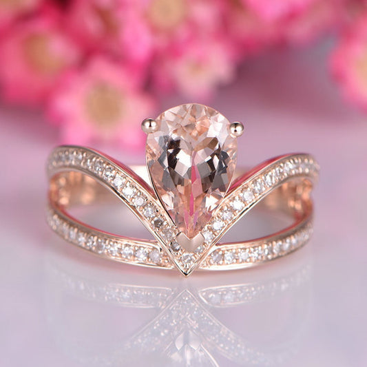 2.10 Ct Pear Cut Peach Morganite 925 Sterling Silver Half Eternity Curved Engagement Ring