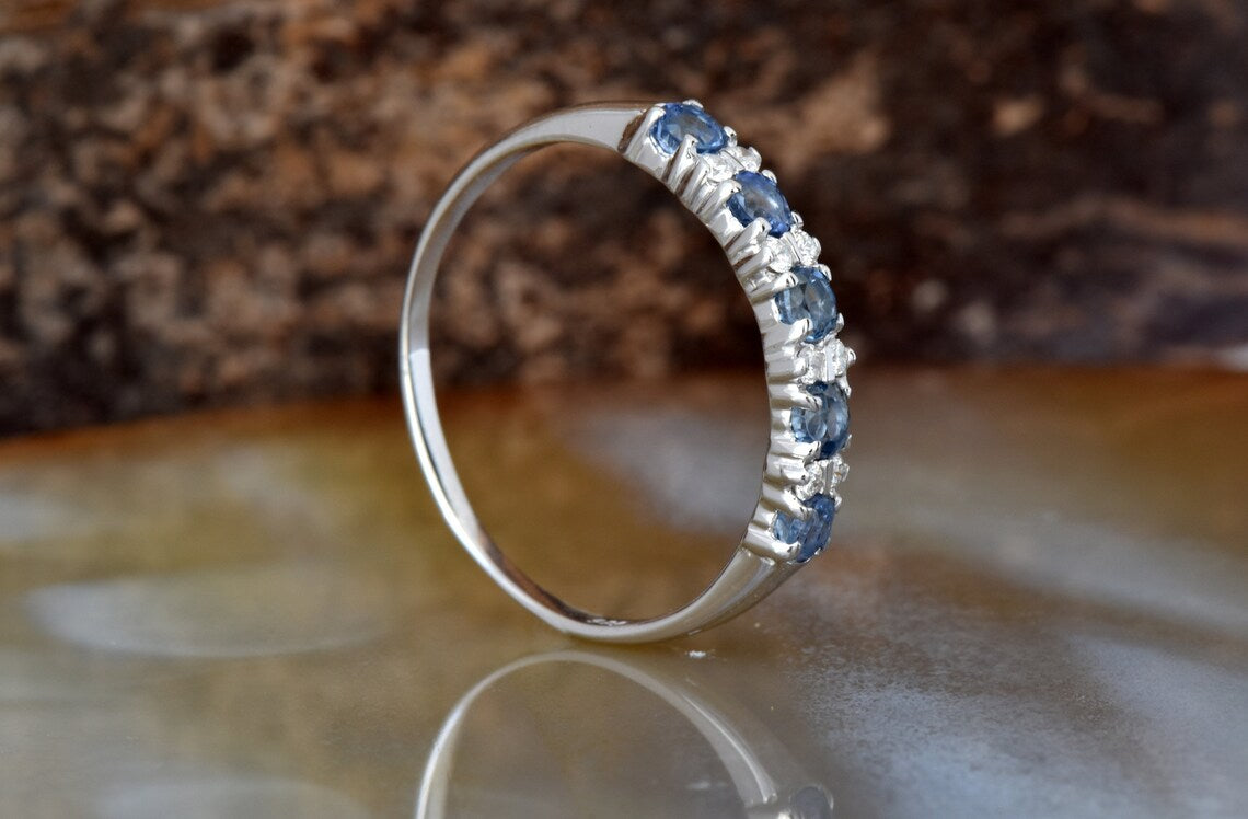 1CT Round Cut Blue sapphire Diamond White Gold Over On 925 Sterling Silver Half Eternity Band Ring