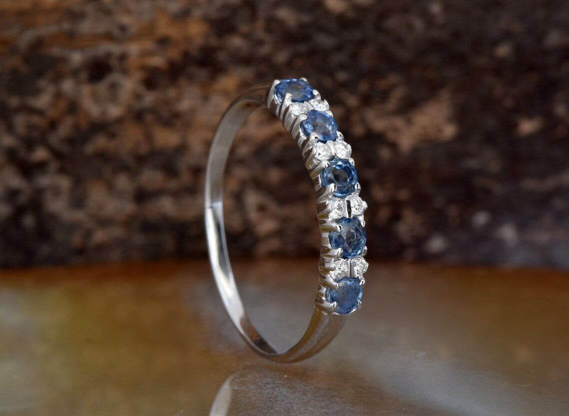 1CT Round Cut Blue sapphire Diamond White Gold Over On 925 Sterling Silver Half Eternity Band Ring