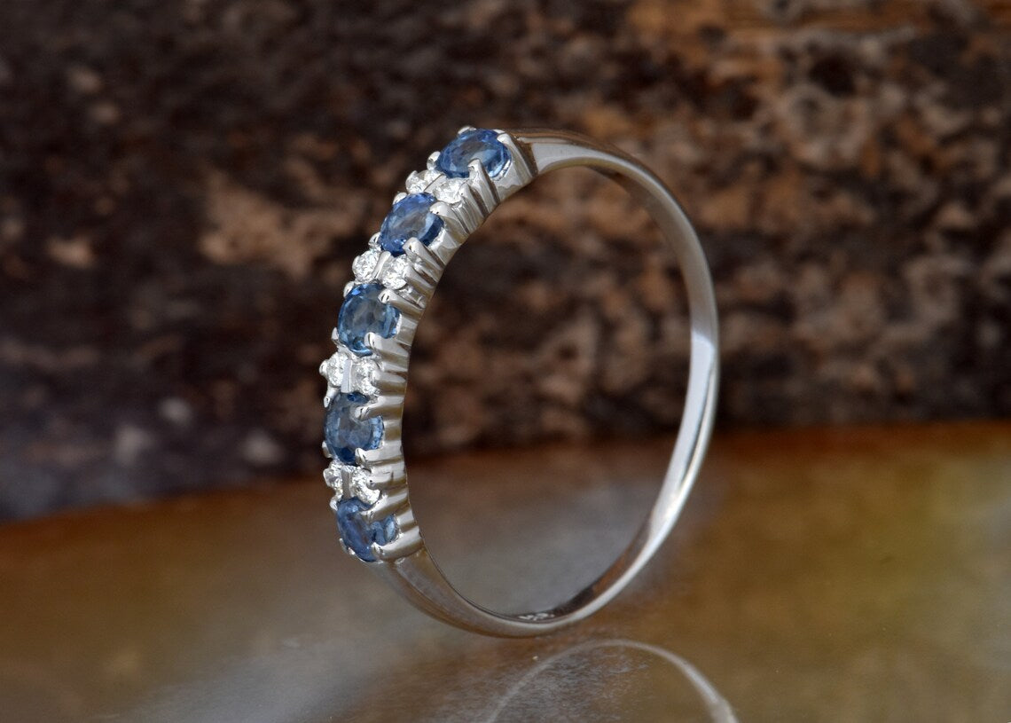 1CT Round Cut Blue sapphire Diamond White Gold Over On 925 Sterling Silver Half Eternity Band Ring